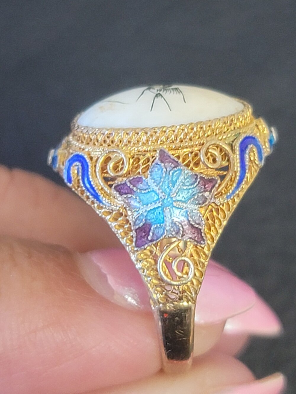 RARE Antique Ring, Hand-Painted Bird Porcelain Cameo, Gold Vermail Over Silver - Picture 6 of 11